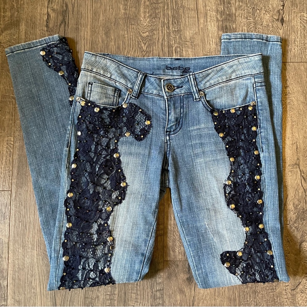 BeBe Jeans with Navy Blue Lace with Metal Studs and Bead Embellishments, Size 26
